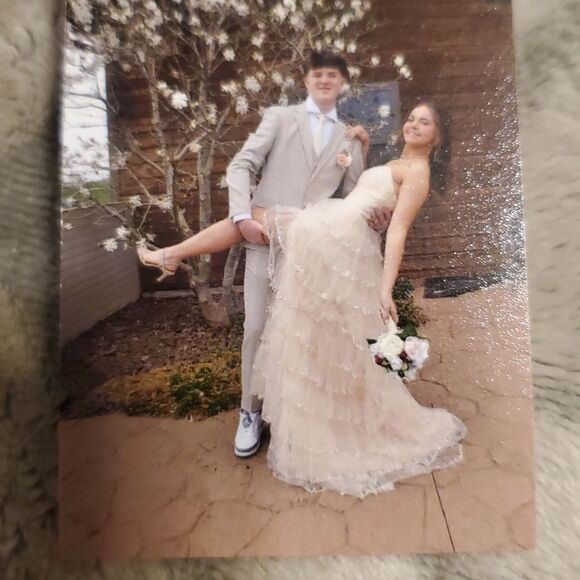 Elegant Strapless Cream A LINE Gown with RUFFLE Sequin Details - Picture 1 of 8